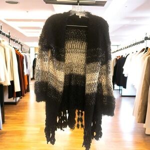 Sweater Fringe Open Front Cardigan Boho Festival Med Black White Grunge